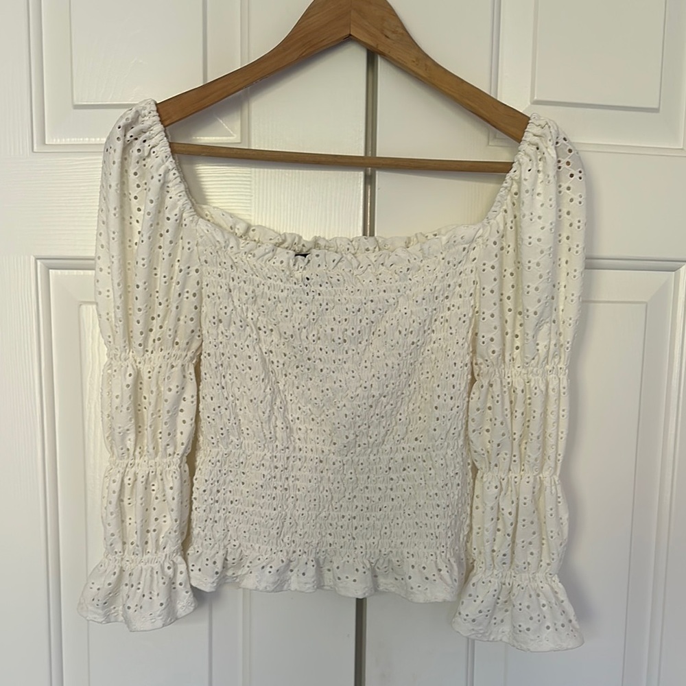 Aqua White Eyelet Smocked Women's Crop Top, Off the Shoulder, size Large